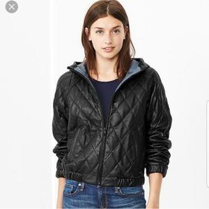 GAP Black Leather Quilted Hooded Bomber Jacket